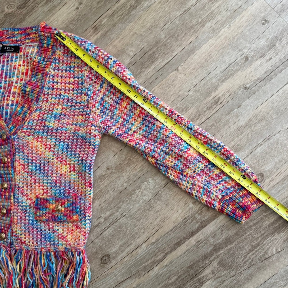 NWOT Akira Women's Rainbow Chunky Knit Fringe Cardigan Gold Button Multicolor L‎ - Picture 8 of 13